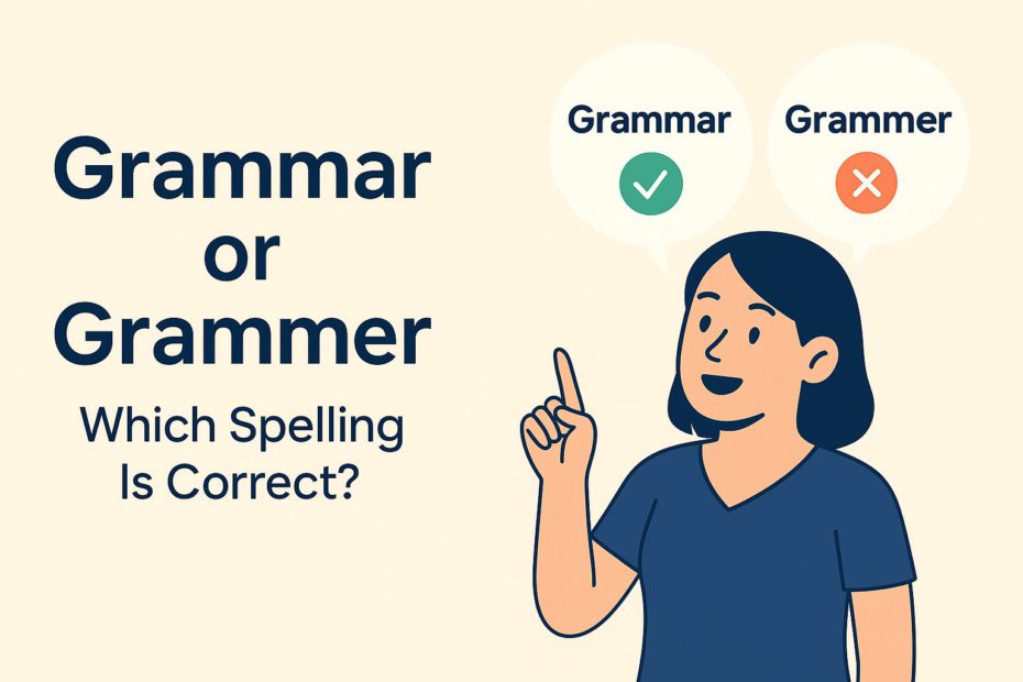 Infographic illustrating the correct spelling of 'Grammar' versus the incorrect 'Grammer', with a cartoon woman pointing to labeled speech bubbles on a beige background.