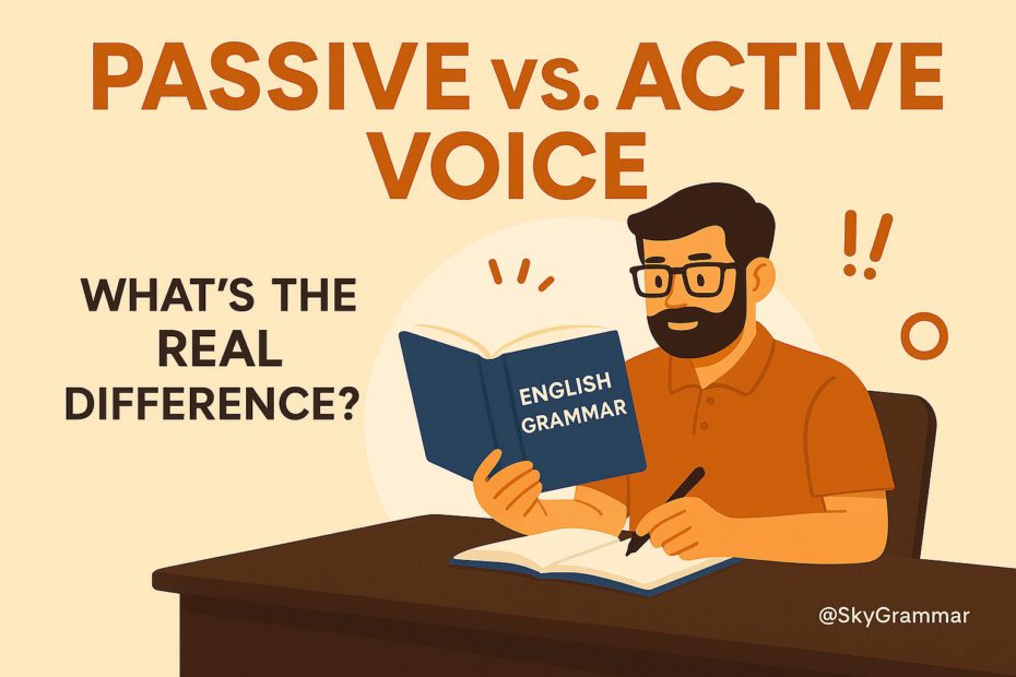 Educational illustration comparing passive and active voice, with a man reading an English grammar book at a desk, and the title 'Passive vs. Active Voice: What’s the Real Difference?' displayed, including a small @SkyGrammar watermark.