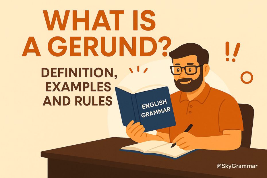 Educational illustration explaining gerunds with the title 'What is a Gerund? Definition, Examples, and Rules', featuring a man reading an English grammar book at a desk, in warm tones and marked with a watermark @SkyGrammar.