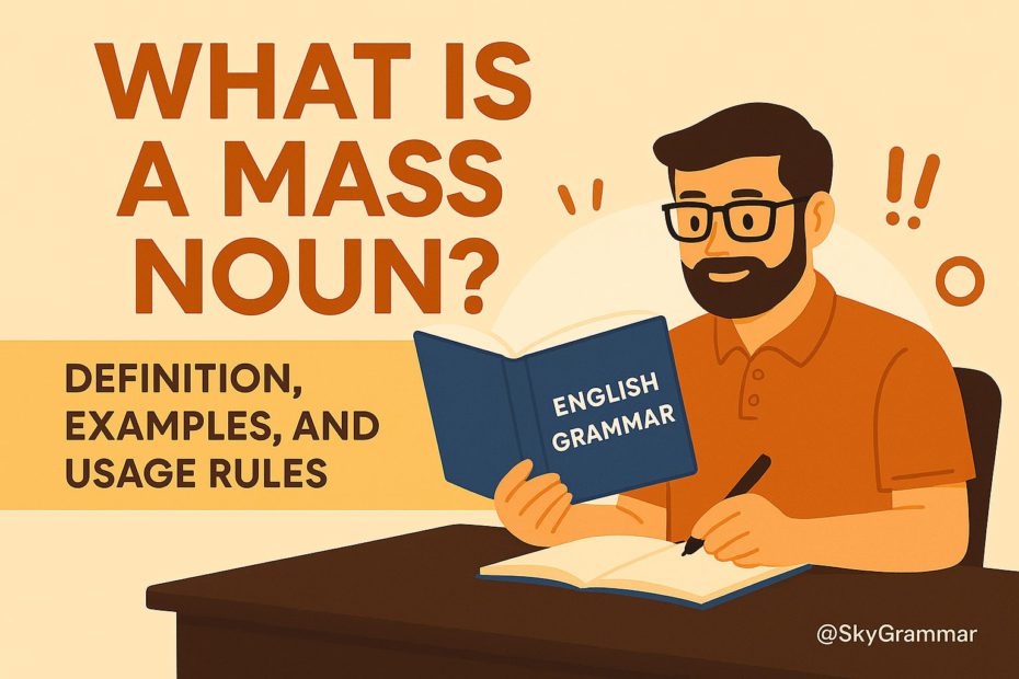 Educational illustration defining mass nouns, featuring a man reading an English grammar book with the title 'What Is a Mass Noun? Definition, Examples, and Usage Rules' and a watermark @SkyGrammar.