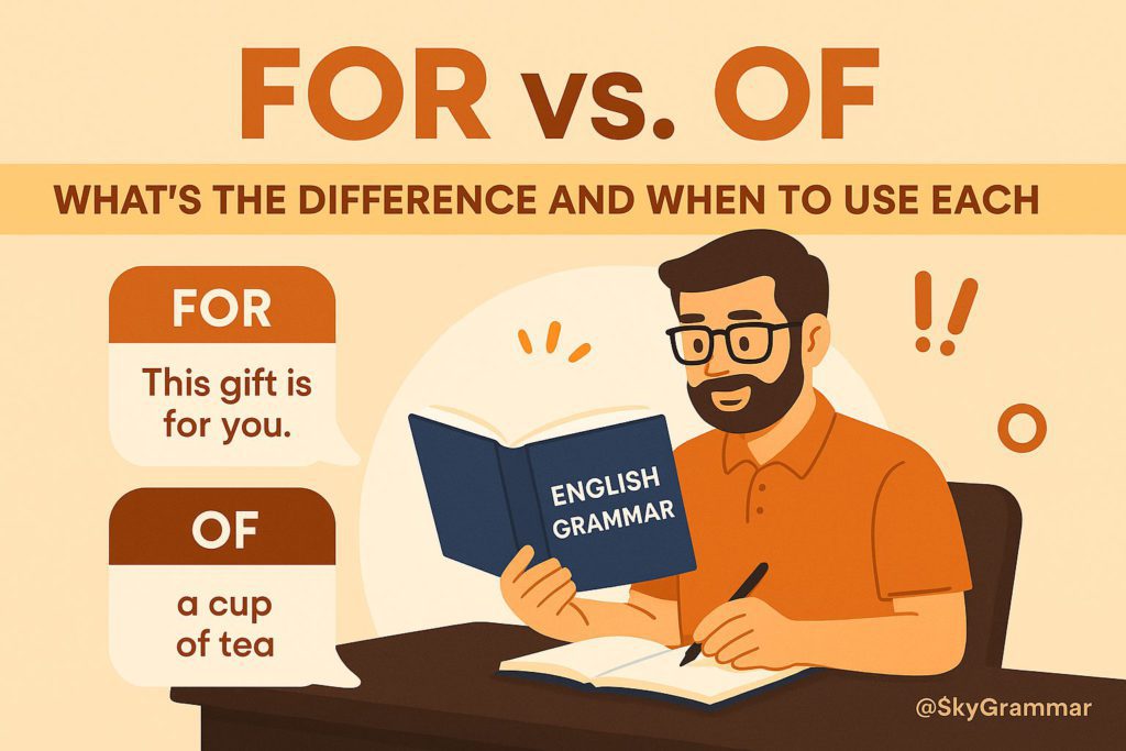 Educational illustration titled "For vs. Of: What’s the Difference and When to Use Each" featuring a man studying an English grammar book at a desk. Speech bubbles provide clear usage examples: "This gift is for you" and "a cup of tea." Flat-style design with warm orange tones and a small watermark @SkyGrammar. Ideal for grammar tips, English prepositions, and language learning content.
