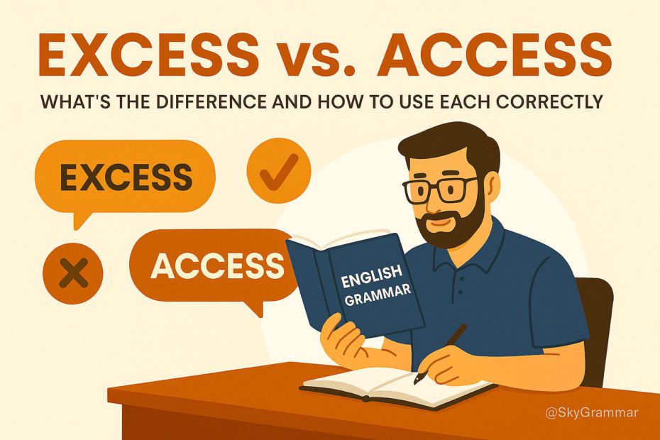 Educational illustration titled "Excess vs. Access: What’s the Difference and How to Use Each Correctly," showing a man studying an English grammar book at a desk. The design features labeled speech bubbles with symbols—a checkmark for “Access” and an X for “Excess”—to visually clarify the distinction. Flat-style design with warm colors and small watermark @SkyGrammar. Ideal for English grammar lessons, vocabulary tips, and language learning content.