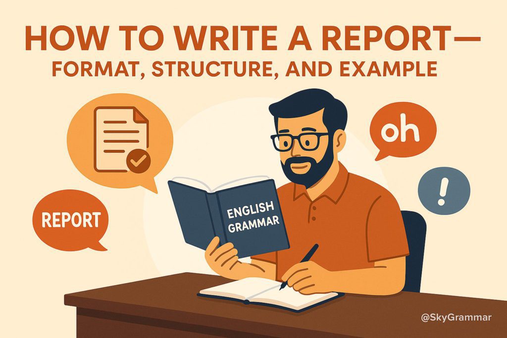 Educational illustration titled "How to Write a Report – Format, Structure, and Example" showing a man reading an English grammar book and writing in a notebook. Surrounded by icons like a report document with a checkmark and speech bubbles. Flat-style design with warm orange and beige tones, including a small watermark @SkyGrammar. Ideal for report writing guides, English grammar tips, and academic writing resources.