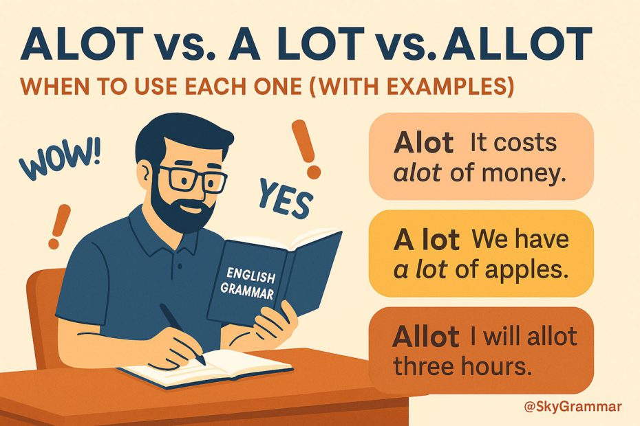 Educational illustration titled "Alot vs. A Lot vs. Allot: When to Use Each One (With Examples)" featuring a man studying English grammar with a book and notebook. Speech bubbles provide example sentences for each term, clarifying common usage errors. Flat-style design with warm tones and small watermark @SkyGrammar. Perfect for English learners, grammar tips, and language education resources.