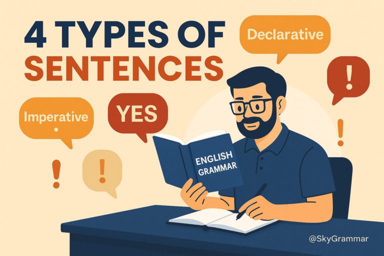 Educational illustration titled "4 Types of Sentences" featuring a man studying an English grammar book with notebook. Four colorful speech bubbles represent sentence types: Declarative, Interrogative, Imperative, and Exclamatory. Flat-style design with warm tones and watermark @SkyGrammar. Ideal for ESL learners, grammar lessons, and language education content.