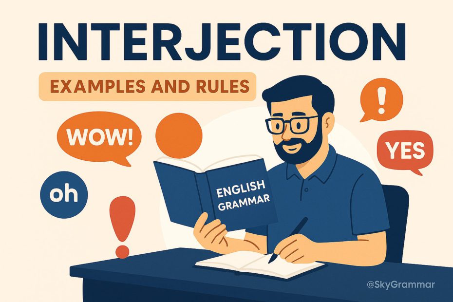 Educational illustration titled "Interjection: Examples and Rules" featuring a man studying English grammar with a book and notebook. Colorful interjection symbols like "WOW!", "YES", "oh", and exclamation marks appear around him. Designed in flat style with warm tones and watermark @SkyGrammar. Ideal for grammar learning, language tips, and ESL resources.