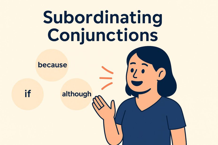 Flat-style educational illustration titled 'Subordinating Conjunctions', featuring a woman pointing at speech bubbles containing the words 'because', 'if', and 'although' on a beige background.