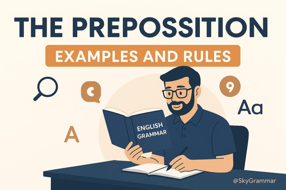 Illustration of a man studying English grammar with book and notebook, titled "The Preposition: Examples and Rules