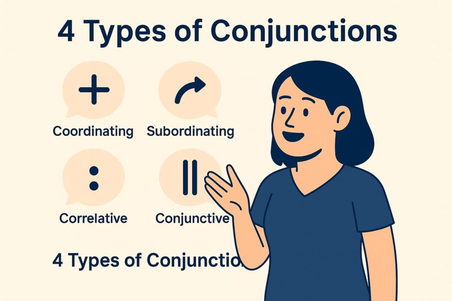 Flat-style educational illustration titled '4 Types of Conjunctions' showing a woman pointing at icons for coordinating, subordinating, correlative, and conjunctive conjunctions on a beige background.