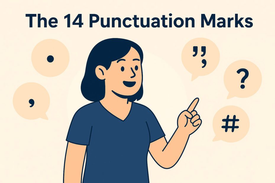 Digital illustration titled 'The 14 Punctuation Marks' showing a woman pointing at punctuation icons like period, comma, quotation mark, and question mark, in a beige flat-style design.