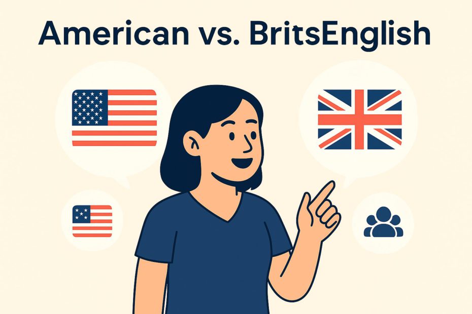 Flat-style digital illustration comparing American and British English, featuring a woman pointing at US and UK flags in speech bubbles with a beige background.