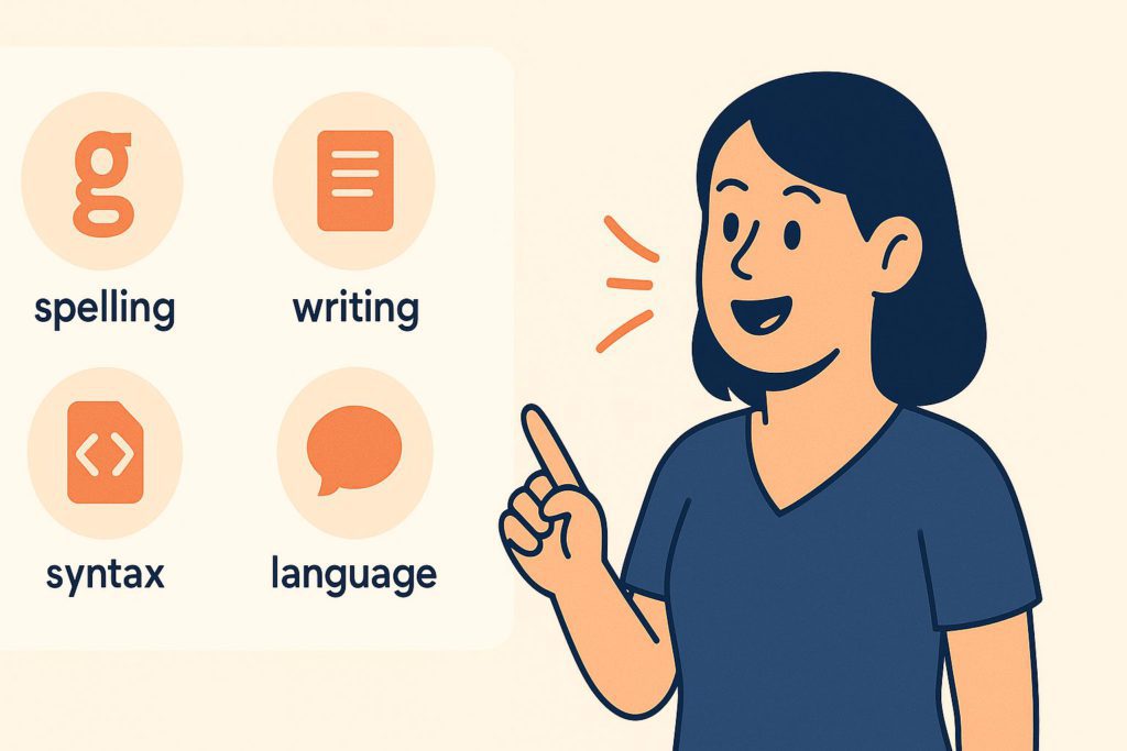 Digital illustration of a woman pointing to grammar icons labeled spelling, writing, syntax, and language, with a clean layout on a beige background for a blog titled '8 Things You Didn’t Know About Grammar'.