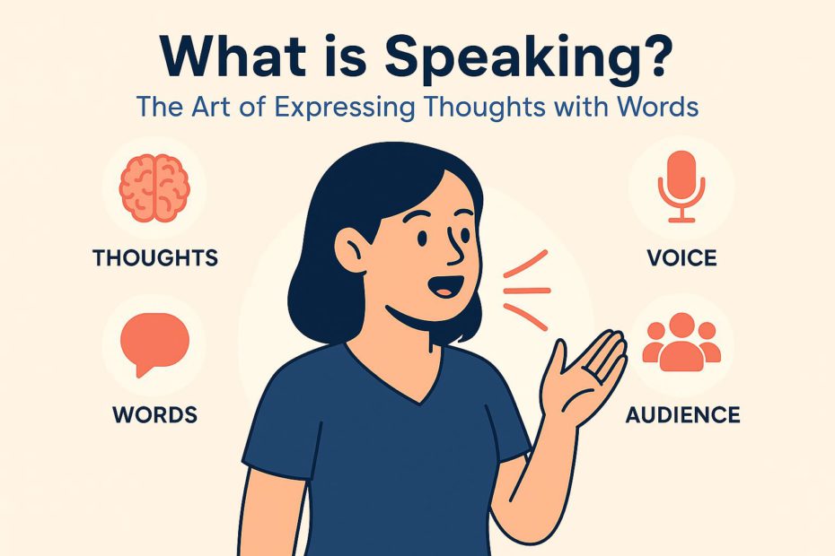 Illustration of a woman speaking with icons for thoughts, words, voice, and audience, titled "What is Speaking? – The Art of Expressing Thoughts with Words" for a communication skills blog post.