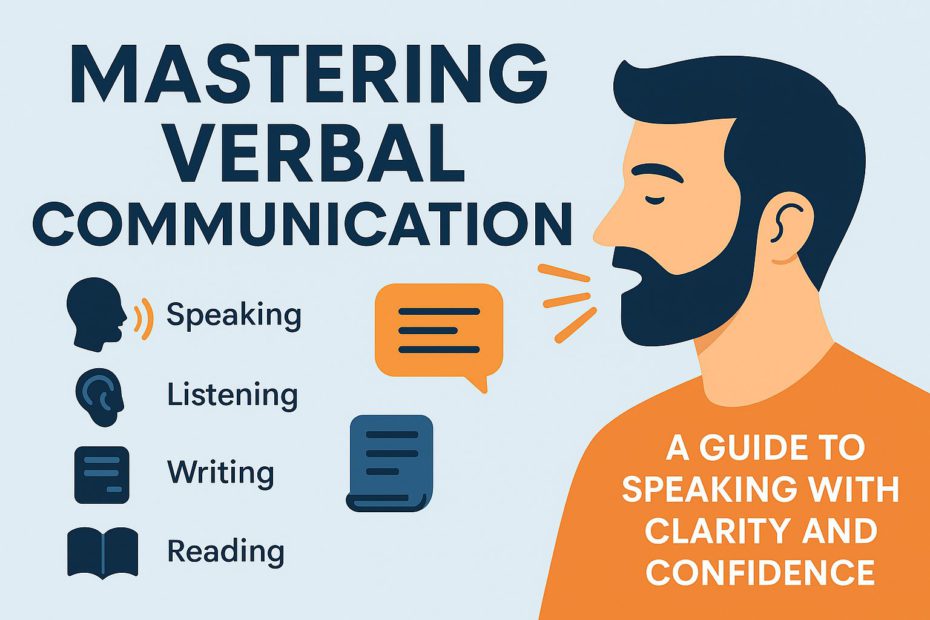 Flat-style digital illustration of a person speaking and writing, representing clear and confident verbal communication.