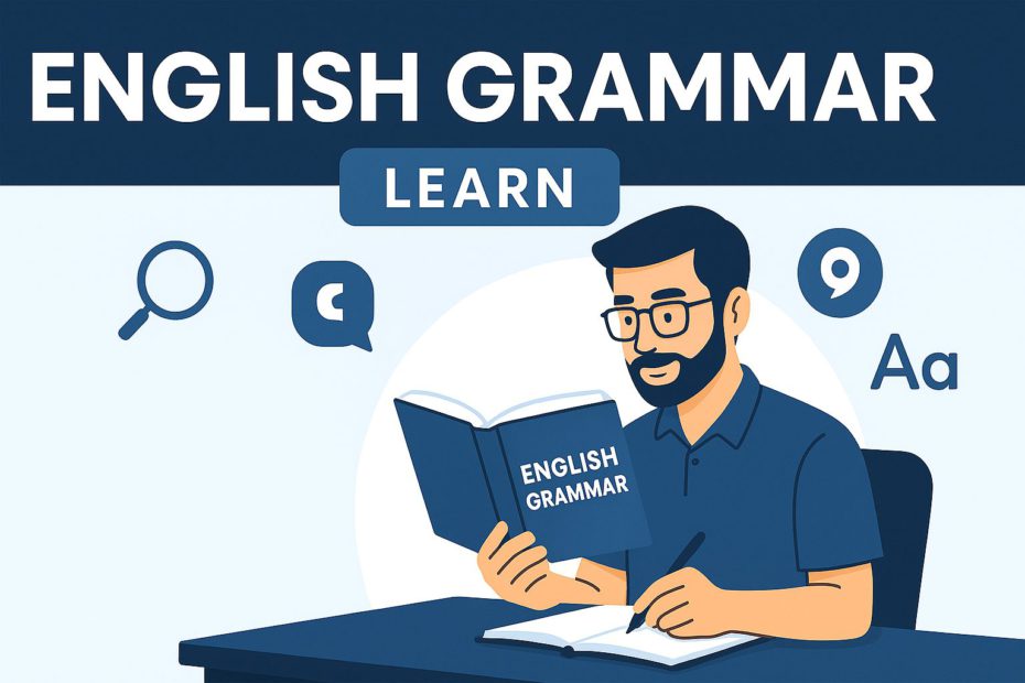 Illustration of English grammar concepts including parts of speech, phrases, clauses, and sentences, designed for learners and educators.