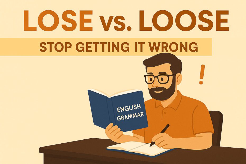 Educational illustration explaining the difference between 'lose' and 'loose' with a man studying English grammar at a desk, featuring bold text 'Lose vs. Loose: Stop Getting It Wrong' and watermark @SkyGrammar.