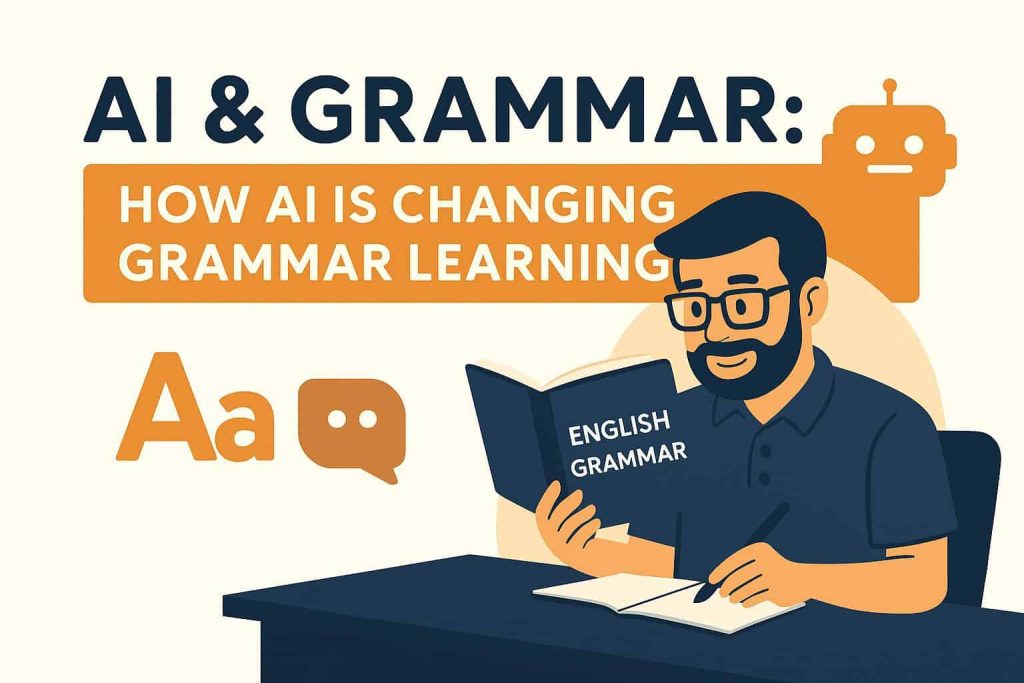 AI grammar learning illustration with a man reading an English grammar book, emphasizing AI in language education.
