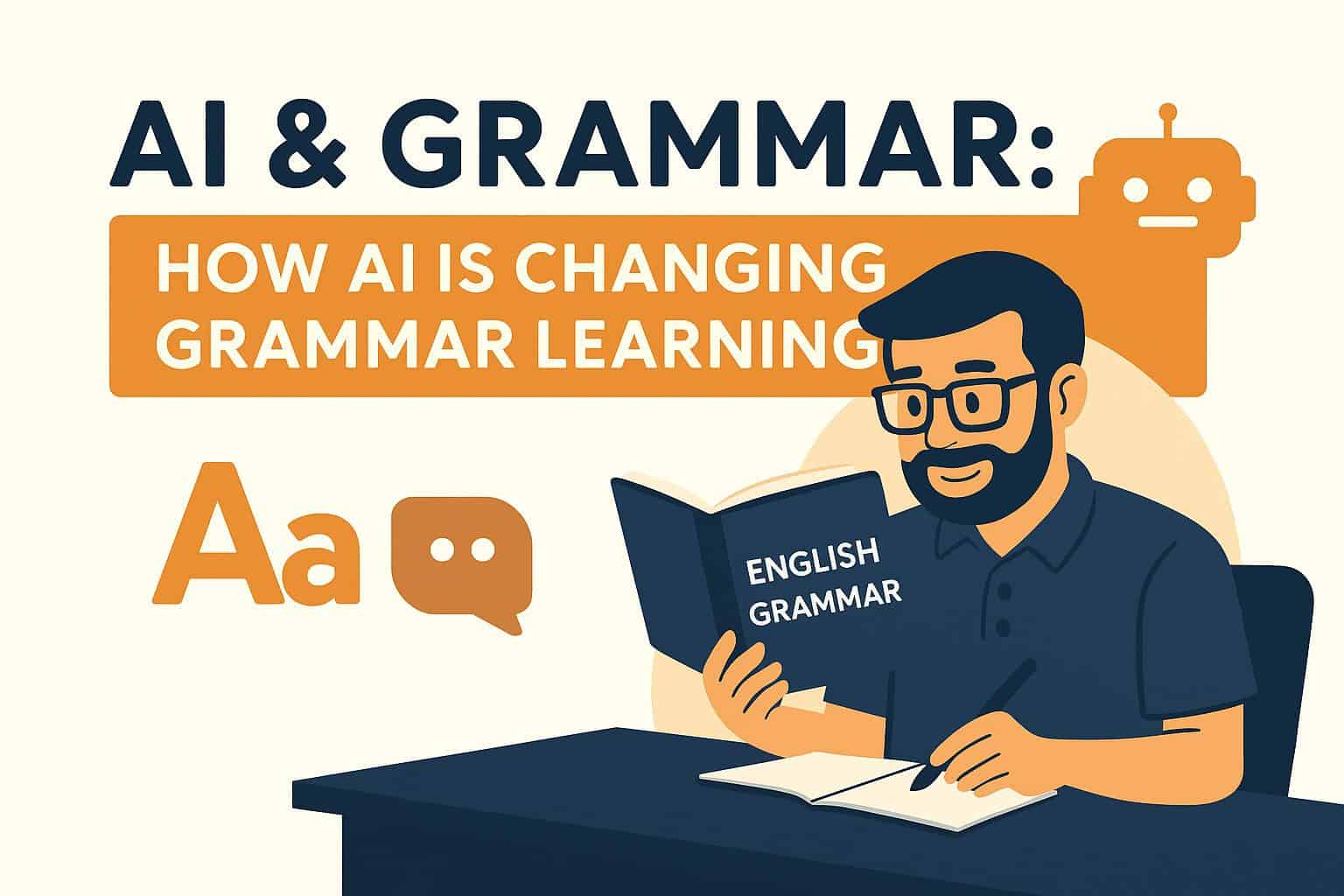 AI grammar learning illustration with a man reading an English grammar book, emphasizing AI in language education.