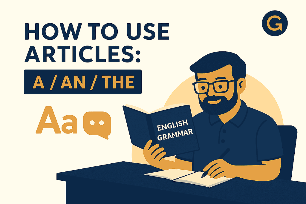 Grammar instructional image for English articles, a, an, the, for language learning and writing skills.