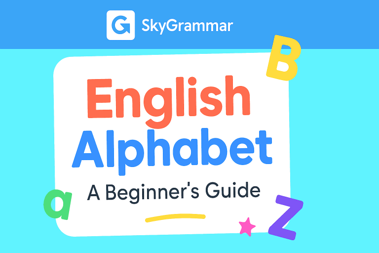 English alphabet learning for beginners, colorful alphabet letters, SkyGrammar educational resource.